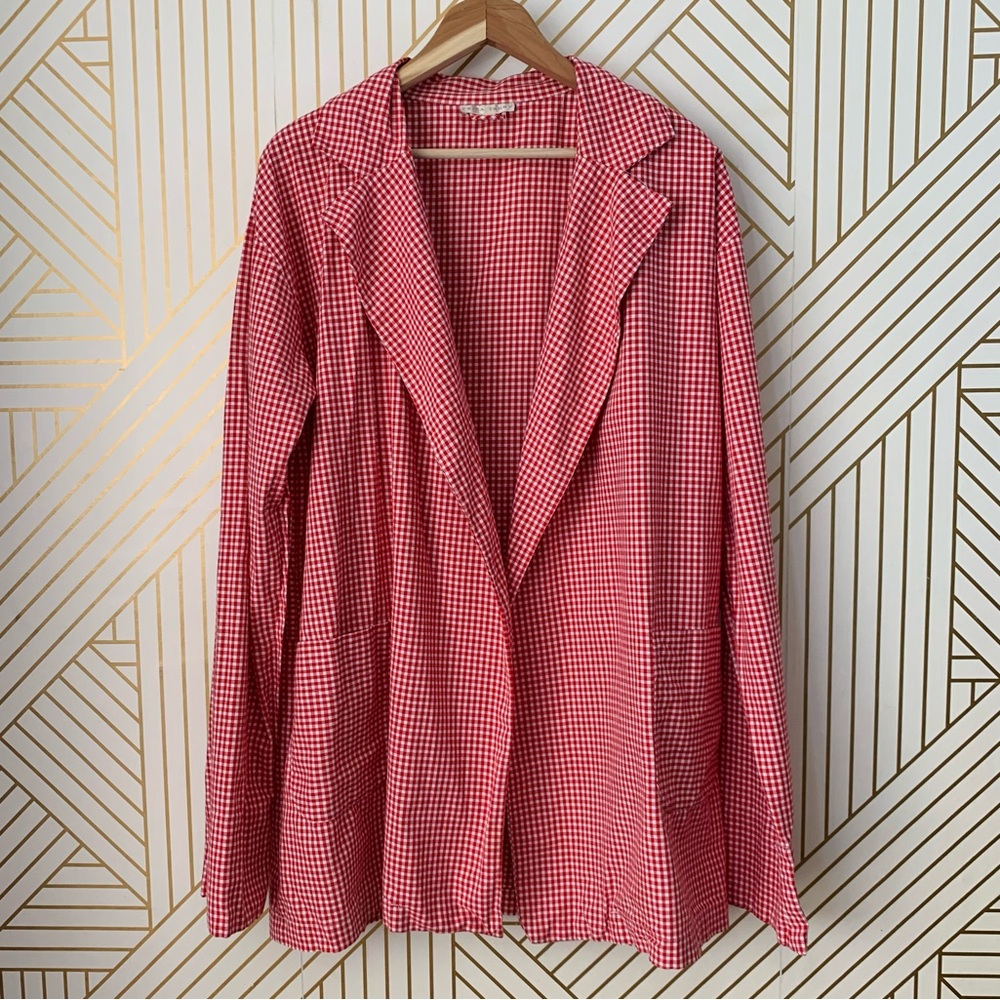 Erica Tanov cotton gingham open front long line blazer jacket Lagenlook boho S